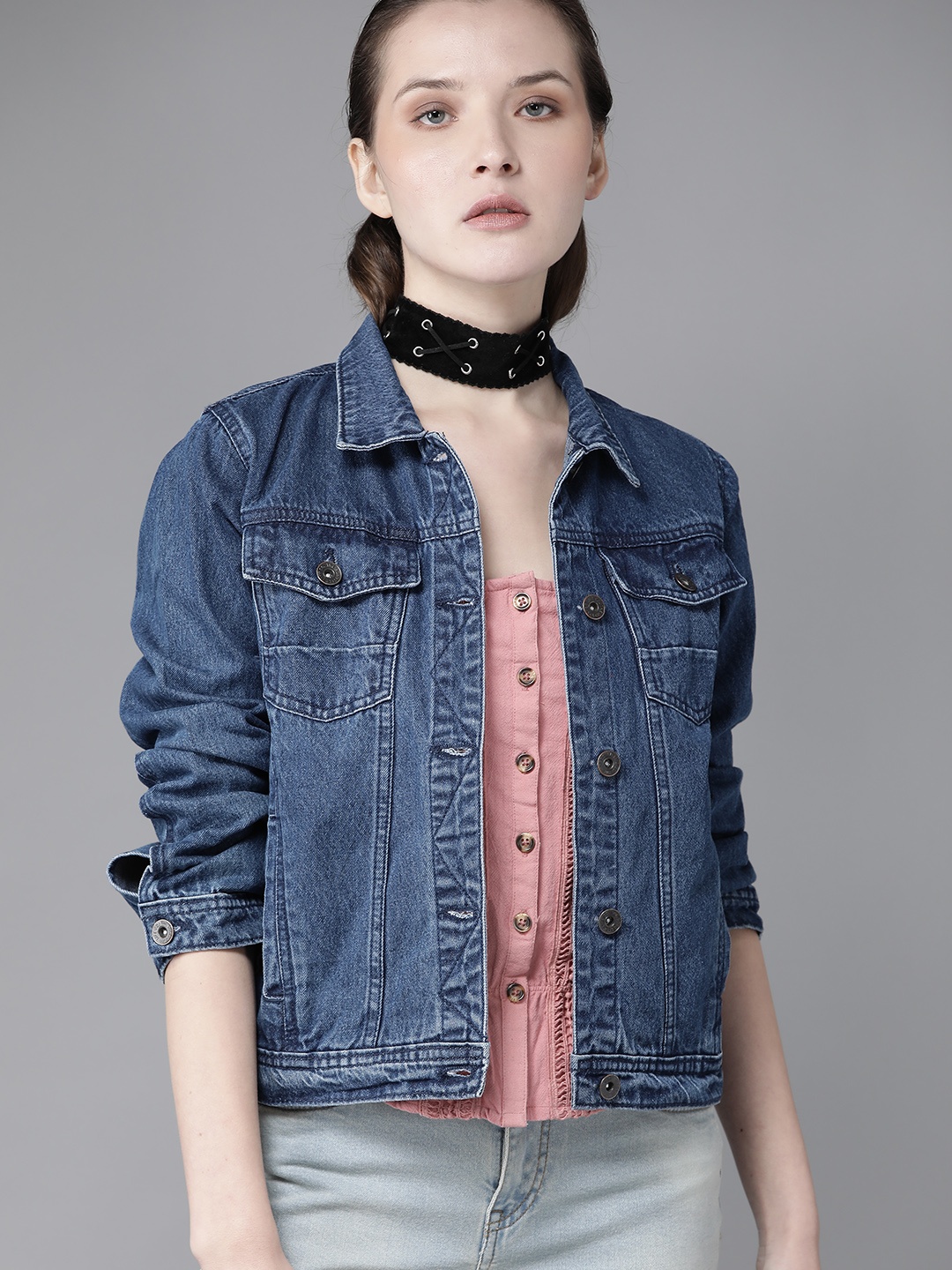 

Roadster Women Navy Blue Solid Denim Jacket