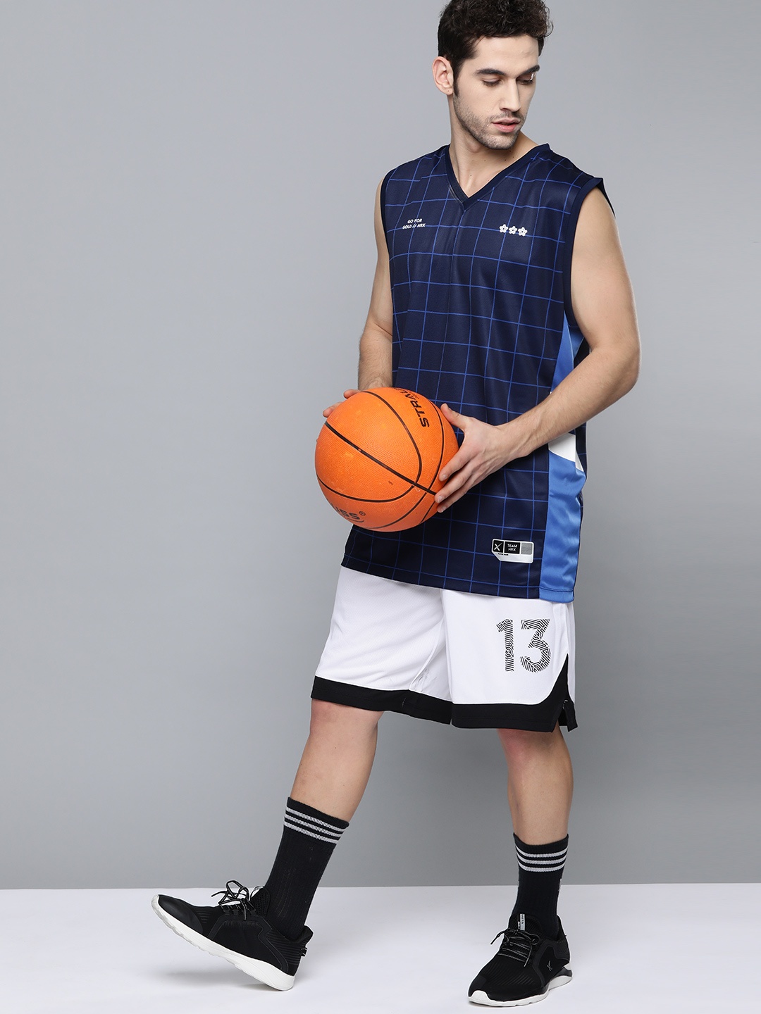 

HRX by Hrithik Roshan Men Strong Blue Checked Rapid-Dry Basketball T-shirt, Navy blue