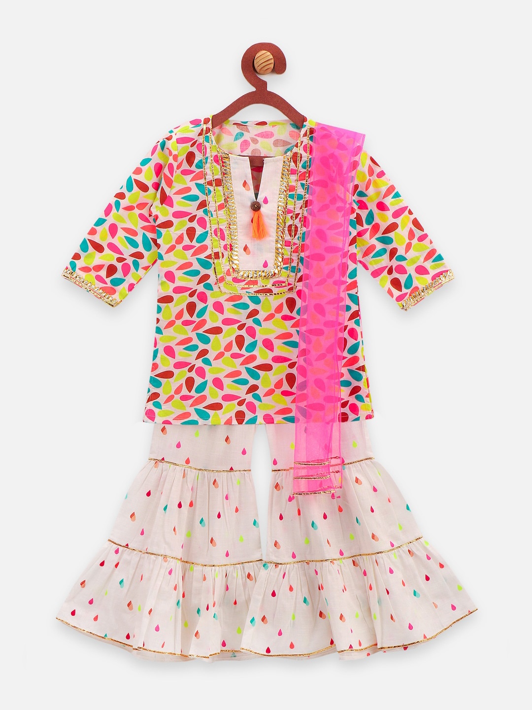 

LilPicks Girls Off-White & Pink Printed Kurta with Sharara & Dupatta