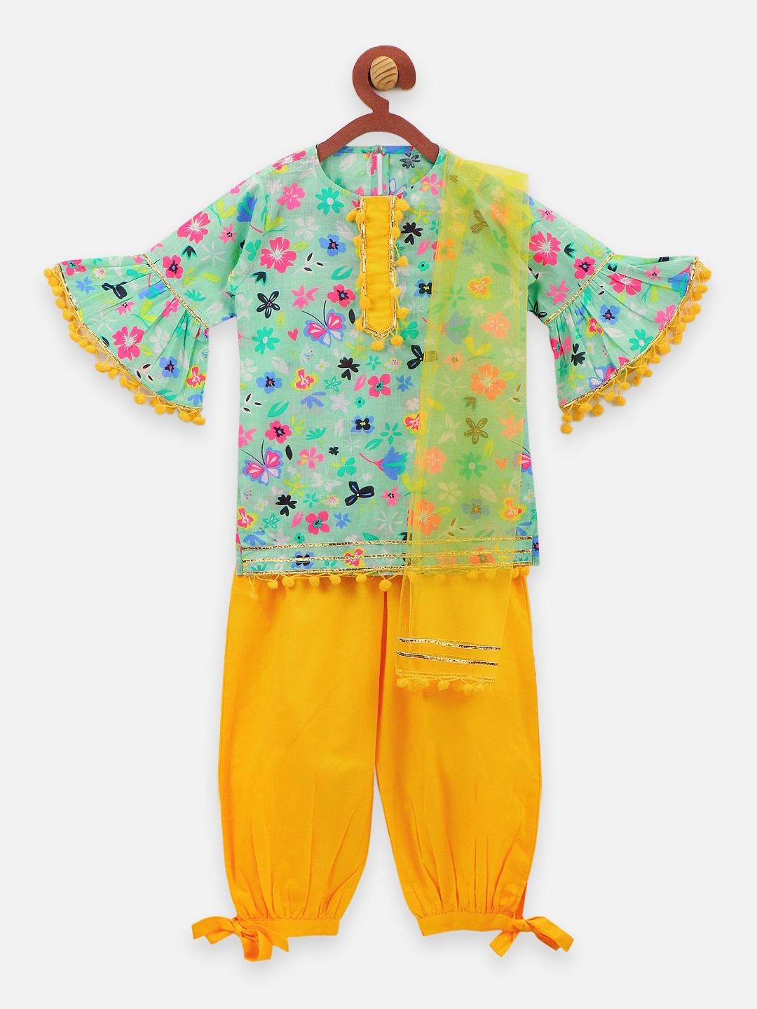 

LilPicks Girls Green Printed Kurti with Yellow Salwar & Dupatta