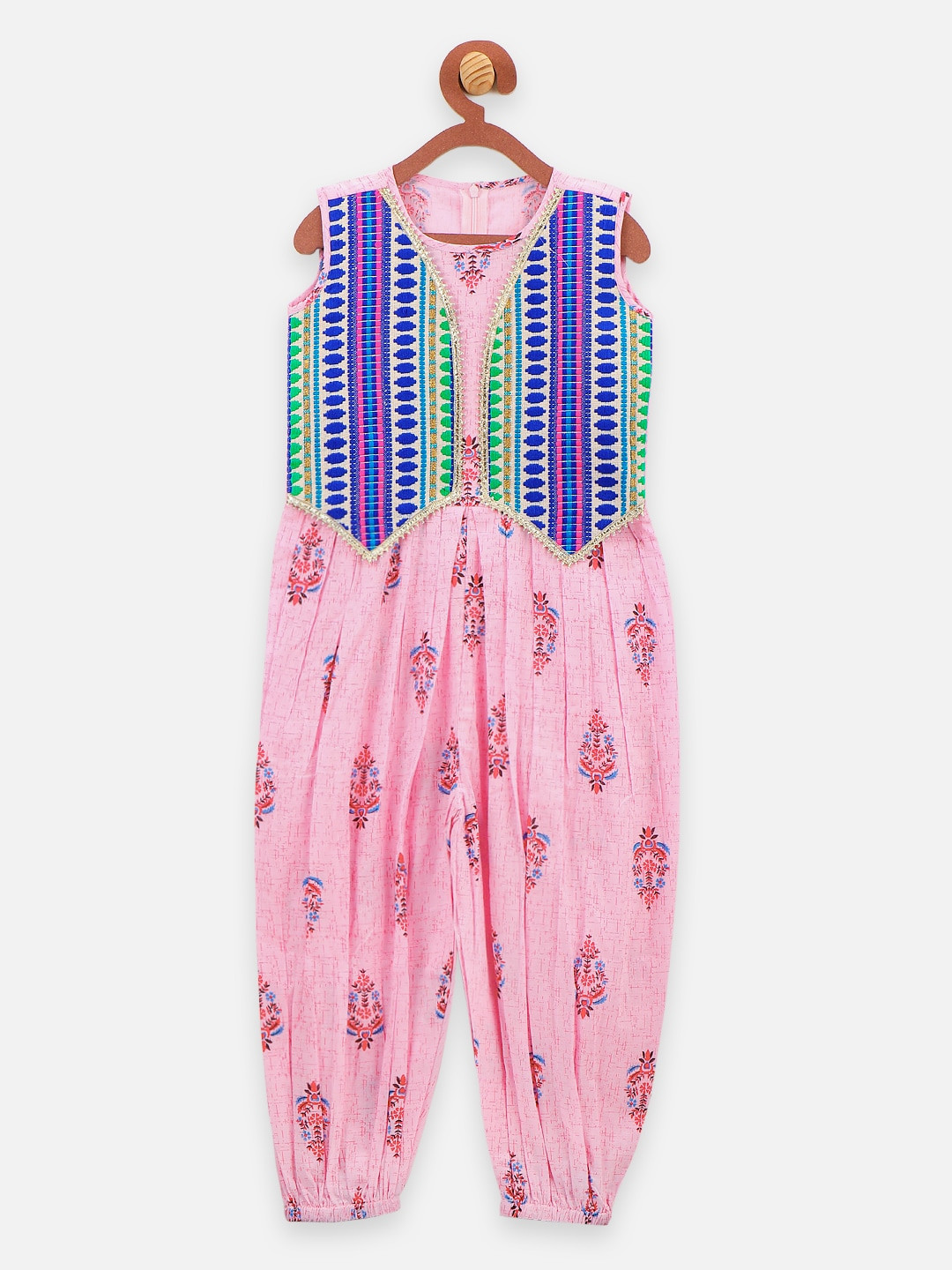 

LilPicks Girls Pink & Blue Ethnic Motifs Print Layered Dhoti Style Jumpsuit