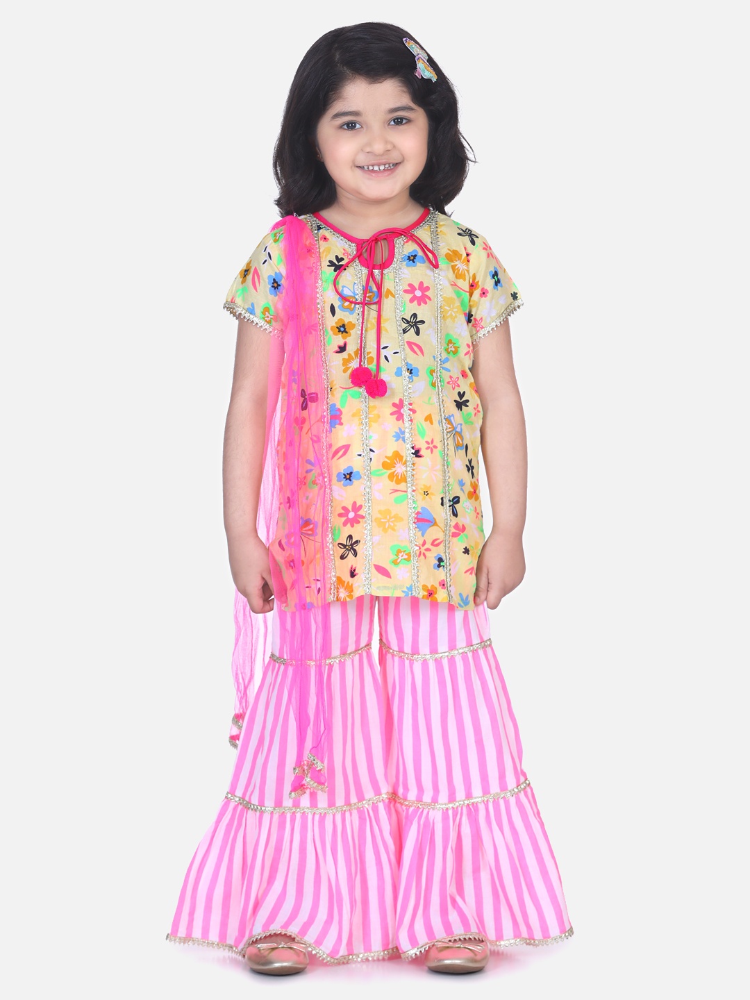

LilPicks Girls Yellow & Pink Printed Kurta with Sharara & Dupatta