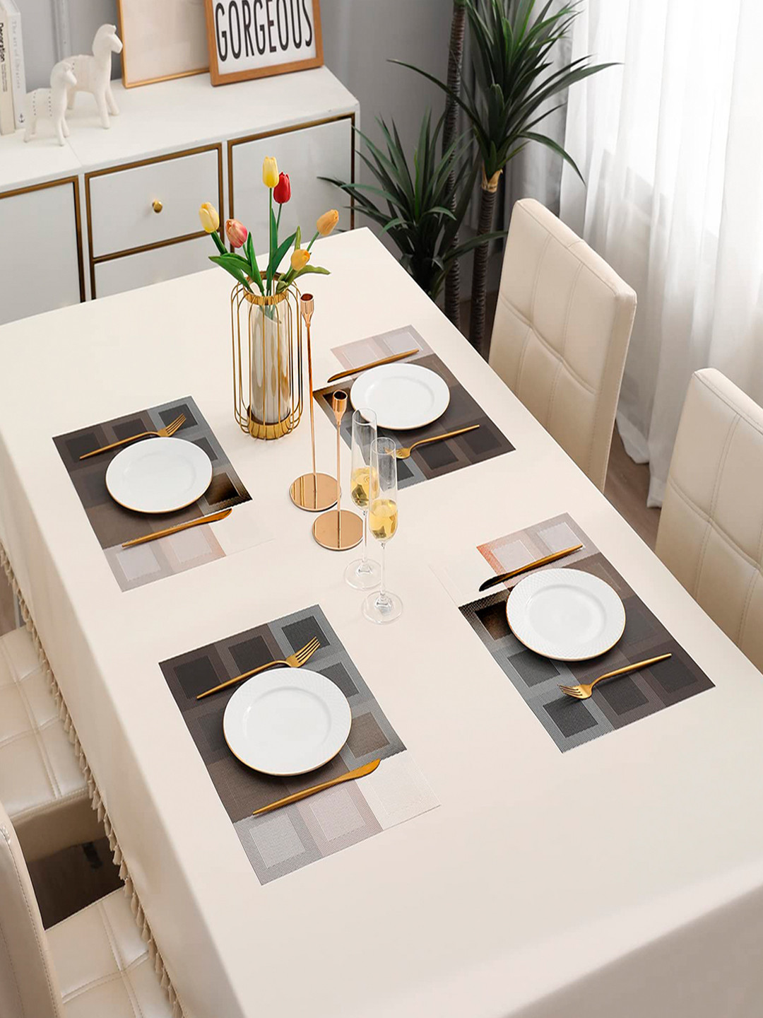HOKIPO Set Of 4 Brown & Grey Geometric Washable Table Placemats