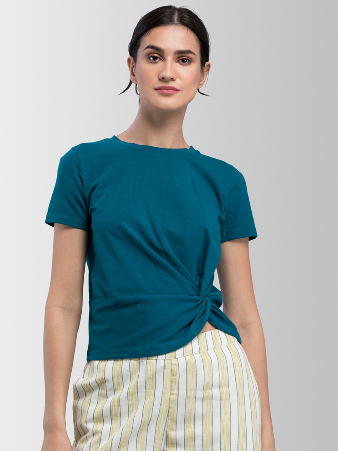 

FableStreet Women Teal Blue Solid Twisted Top