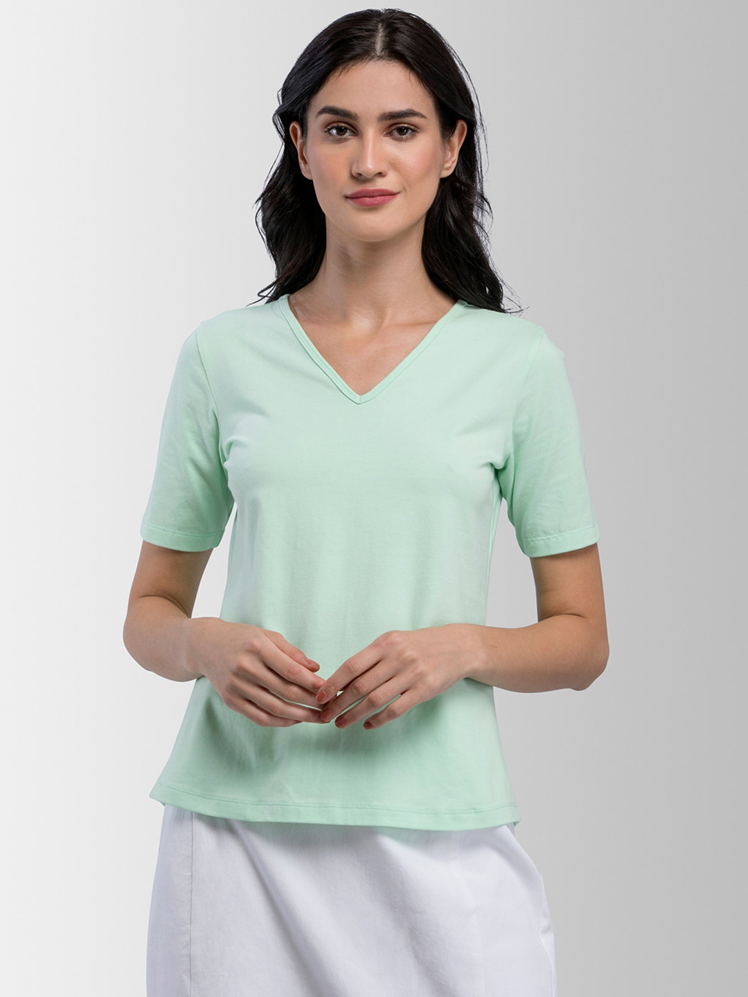 

FableStreet Women Mint Green Solid V-Neck T-shirt