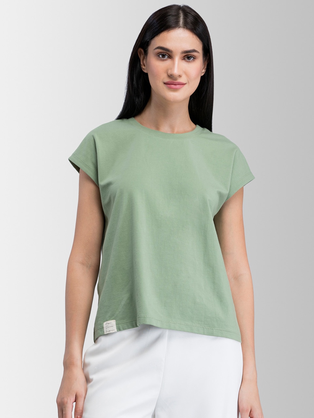 

FableStreet Women Olive Green Solid Round Neck T-shirt