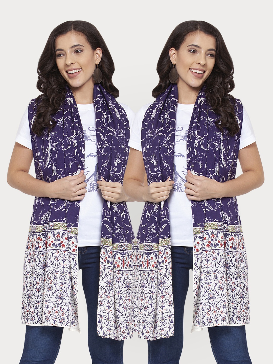 

KLOTTHE Women Pack Of 2 Violet & White Printed Stoles