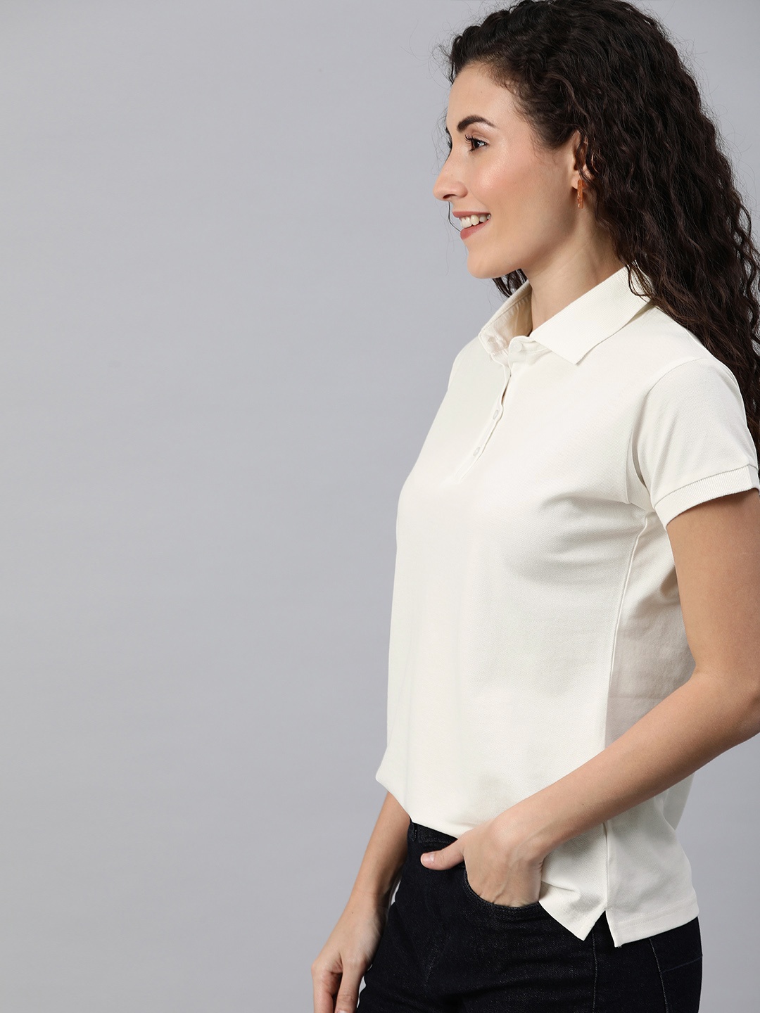 

HERE&NOW Women White Solid Polo Collar T-shirt