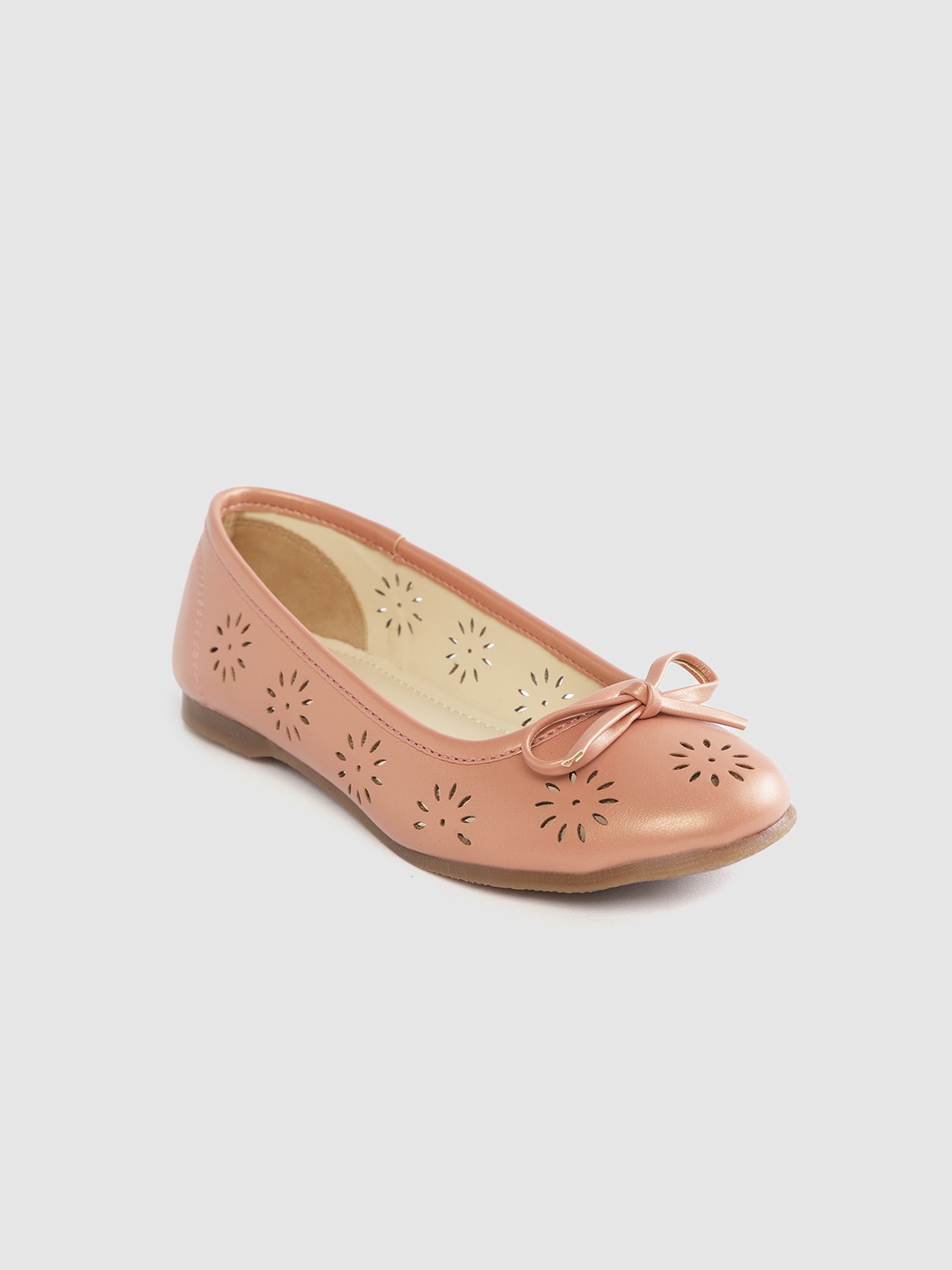 

YK Girls Peach-Coloured Laser Cut Ballerinas with Bow Detail