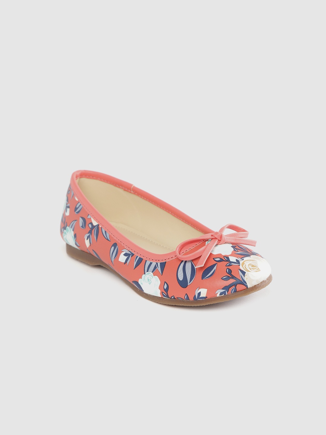 

YK Girls Coral Pink & Blue Floral Print Ballerinas with Bow Detail