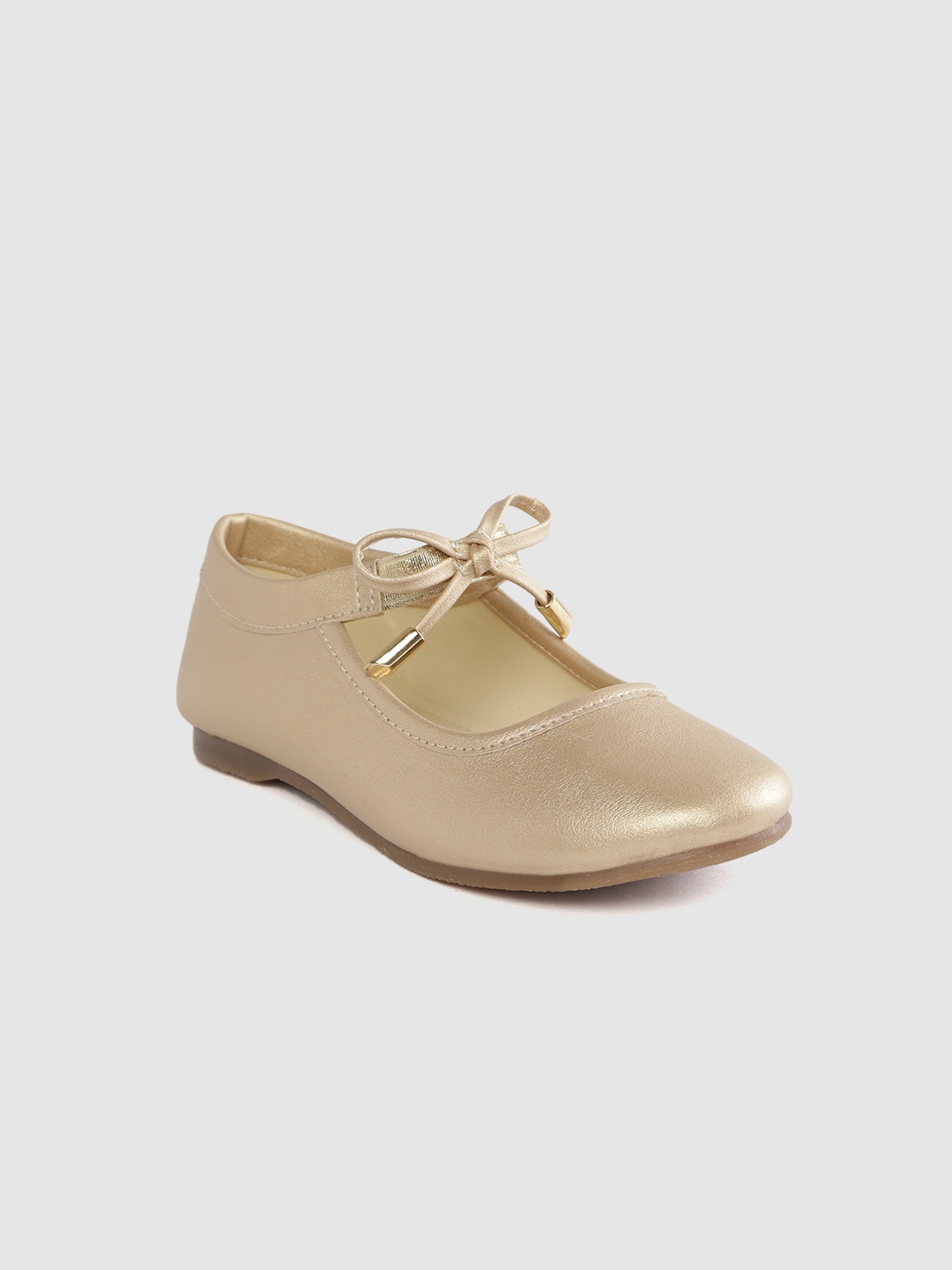 

YK Girls Gold-Toned Solid Mary Janes with Bow Detail