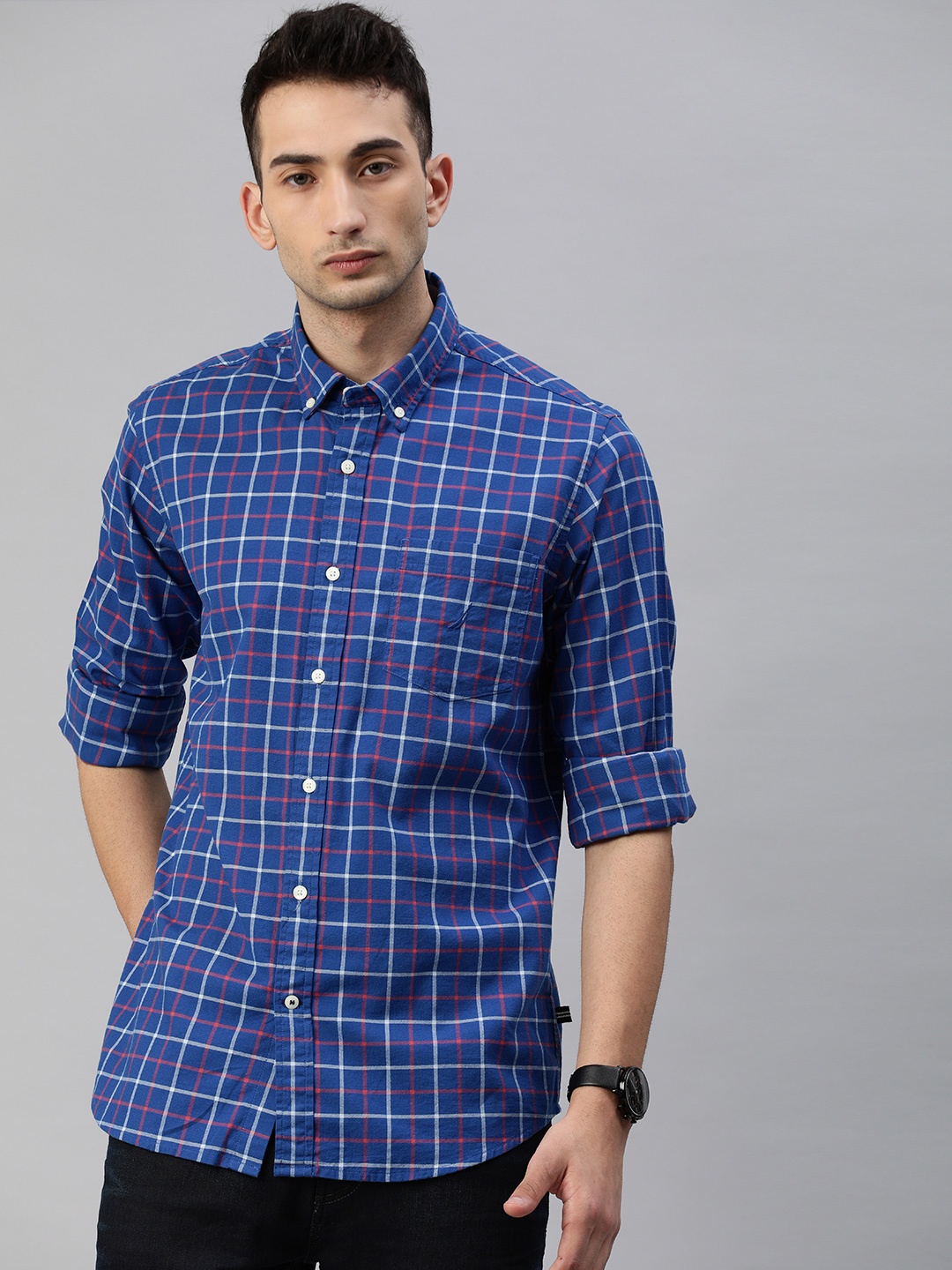 

Nautica Men Blue Classic Fit Stretch Regular Checked Casual Shirt