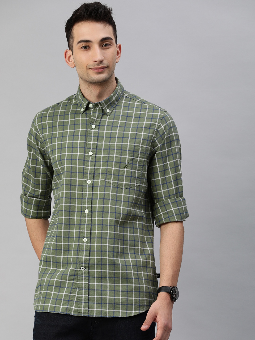 

Nautica Men Green Classic Fit Stretch Regular Checked Casual Shirt