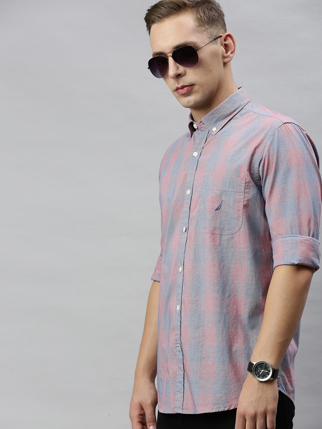

Nautica Men Pink & Blue Classic Regular Fit Checked Casual Shirt