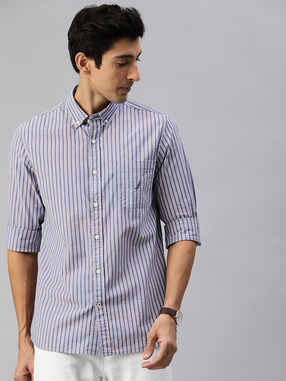 

Nautica Men Blue & White Slim Fit Striped Casual Shirt