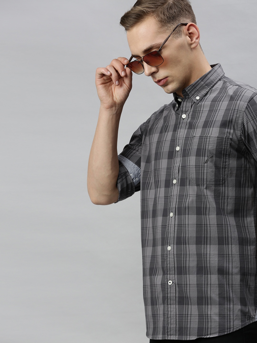 

Nautica Men Grey Classic Regular Fit Checked Knitted Casual Shirt