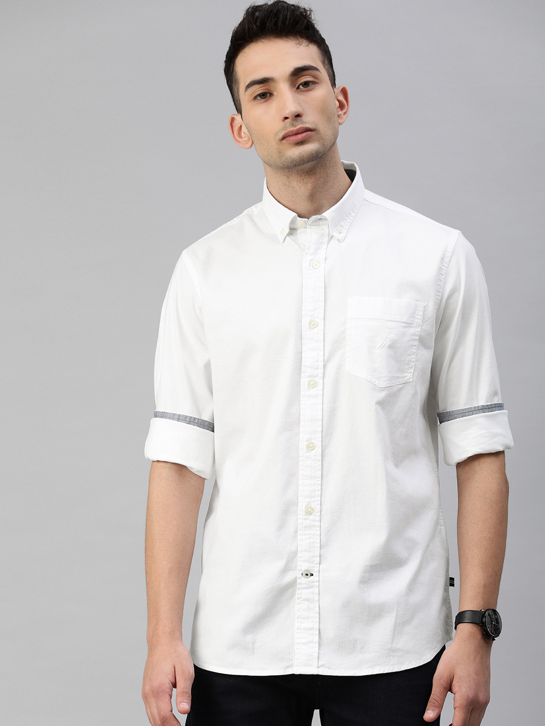 

Nautica Men White Classic Fit Stretch Regular Solid Casual Shirt