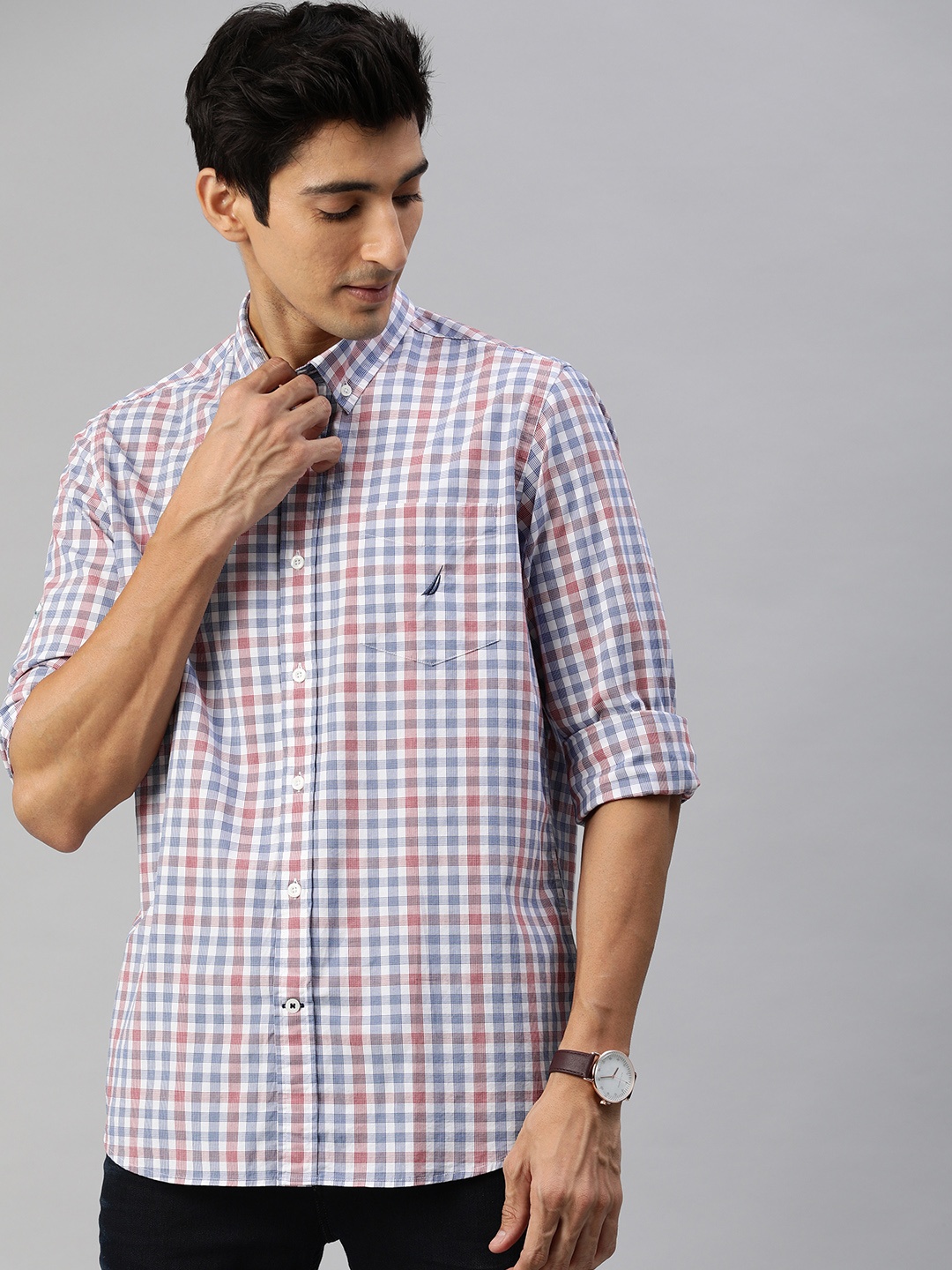 

Nautica Men Red & Blue Classic Fit Stretch Regular Checked Casual Shirt