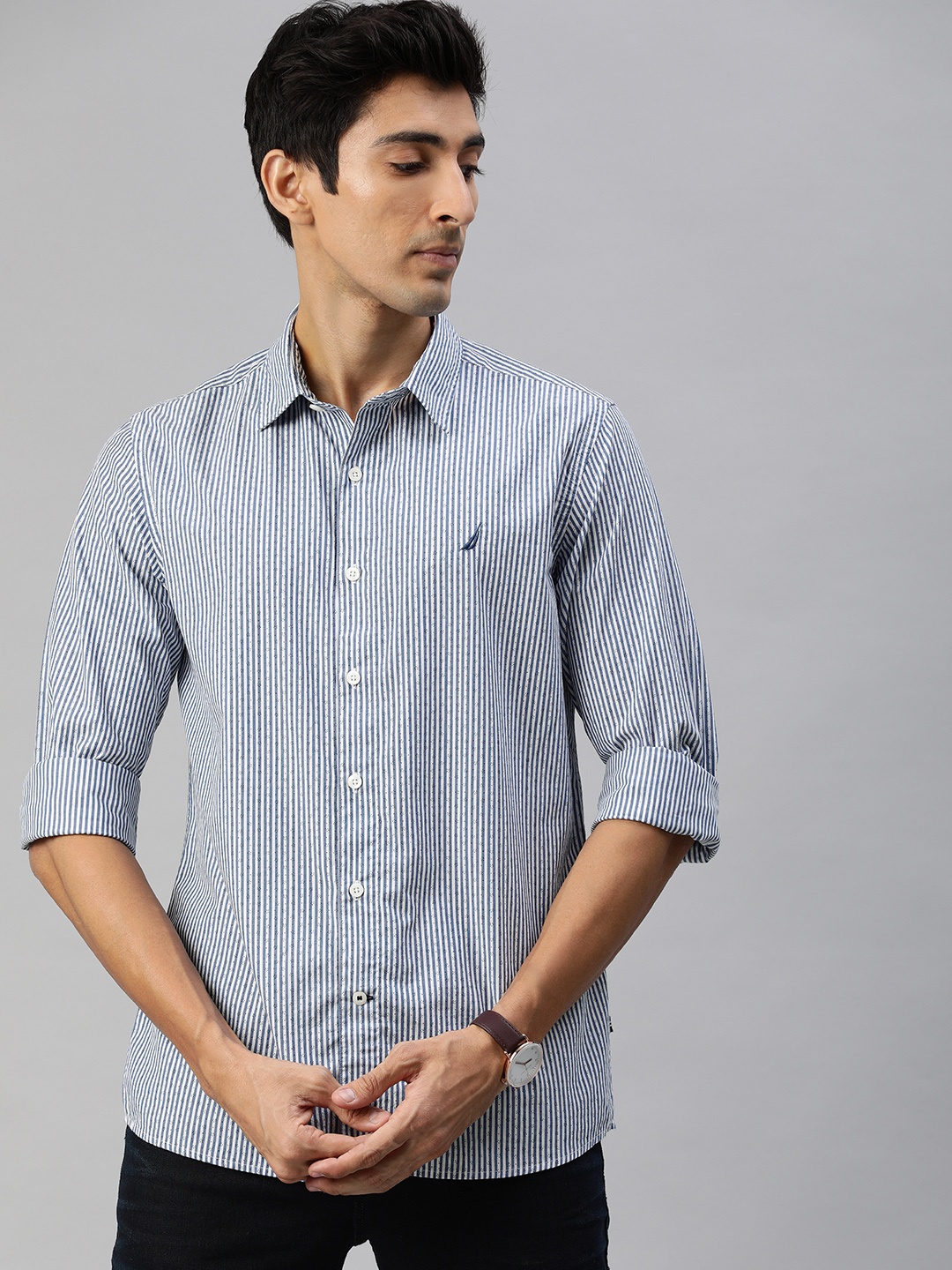 

Nautica Men Blue & White Slim Fit Striped Casual Shirt