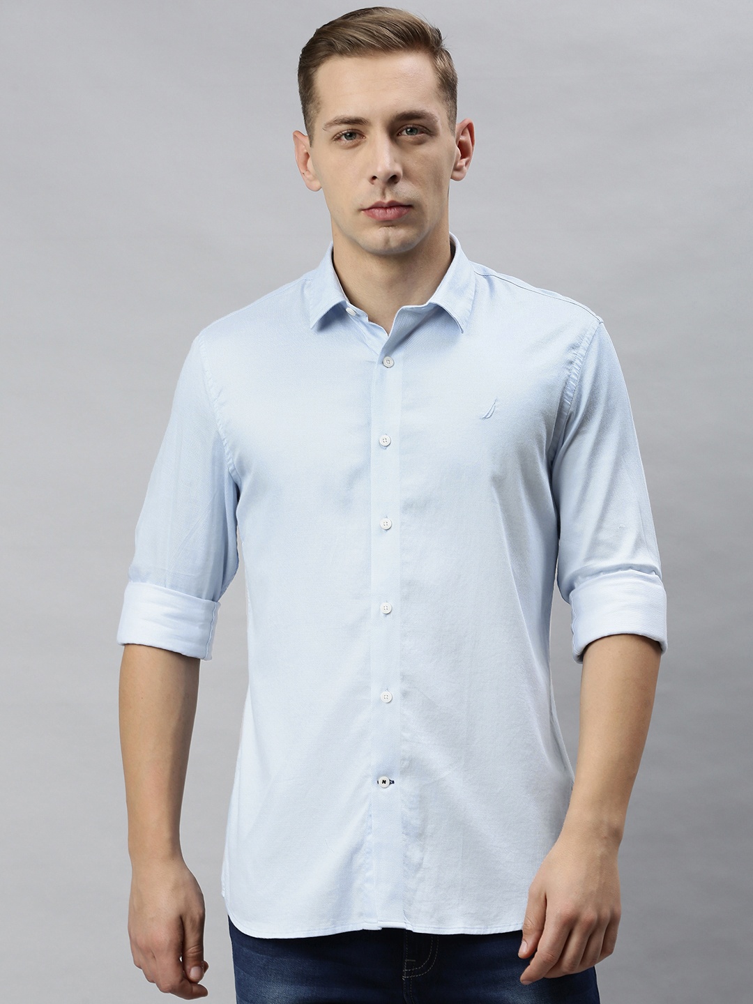 

Nautica Men Blue Slim Fit Solid Knitted Casual Shirt
