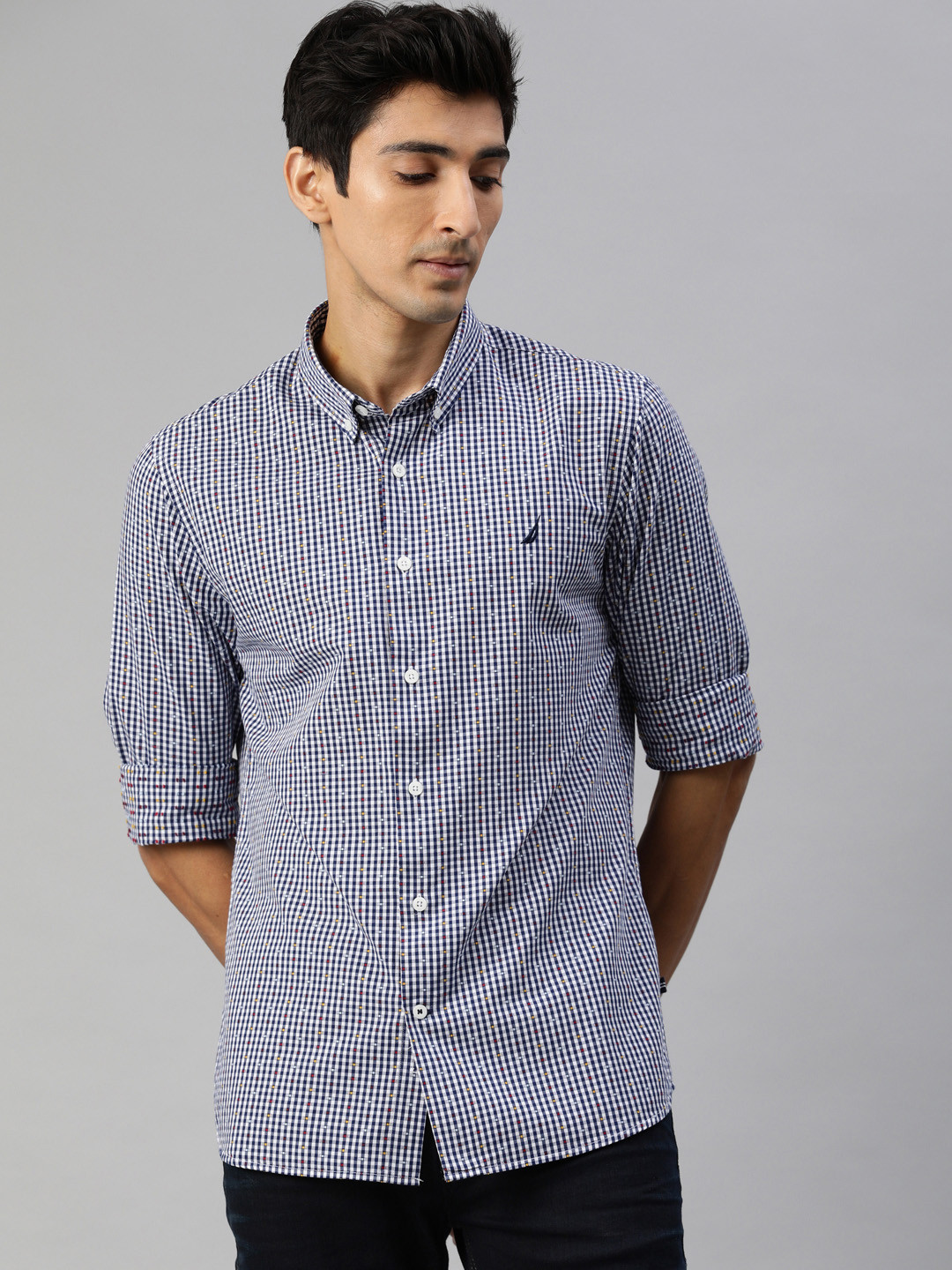

Nautica Men Navy Blue & White Slim Fit Checked Casual Shirt
