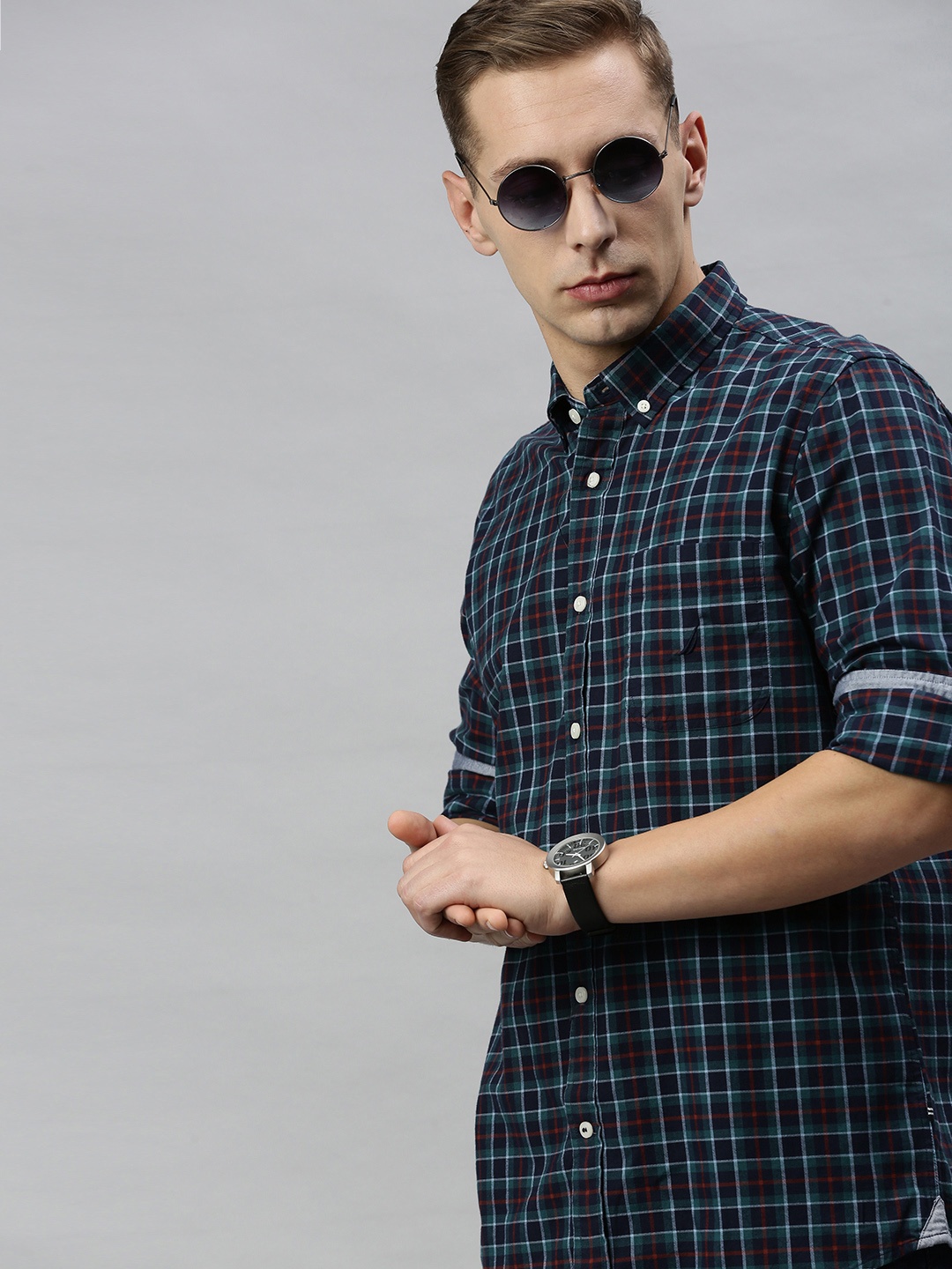 

Nautica Men Navy Blue & Sea Green Classic Regular Fit Checked Knitted Casual Shirt