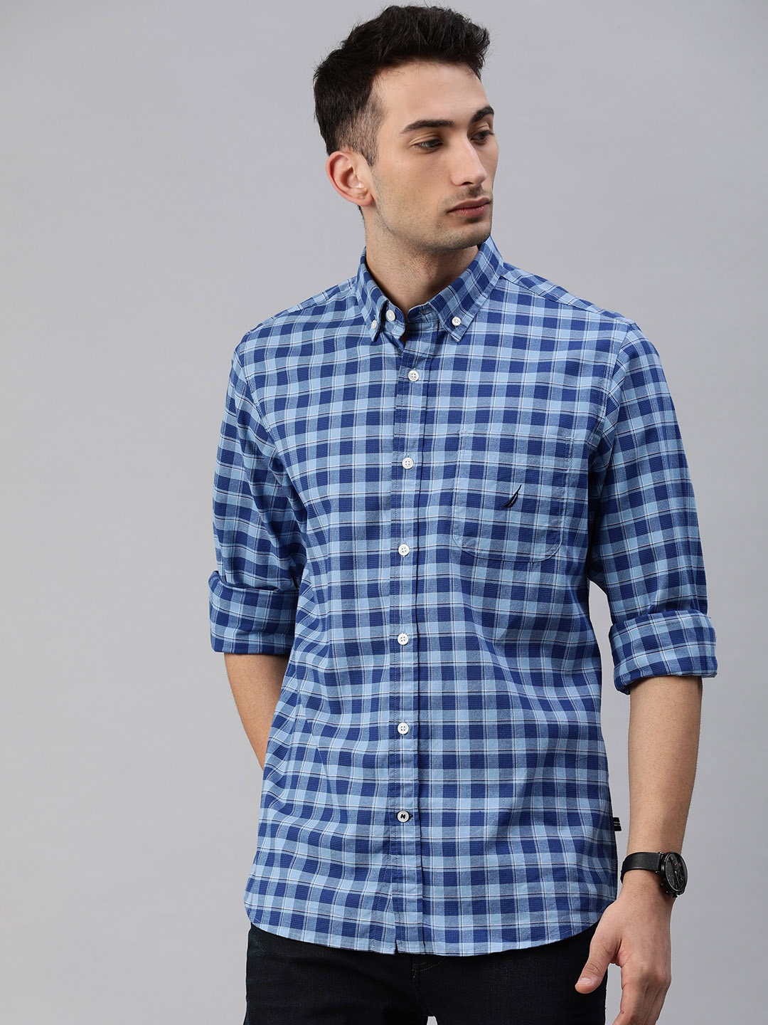 

Nautica Men Blue Classic Fit Stretch Regular Checked Casual Shirt