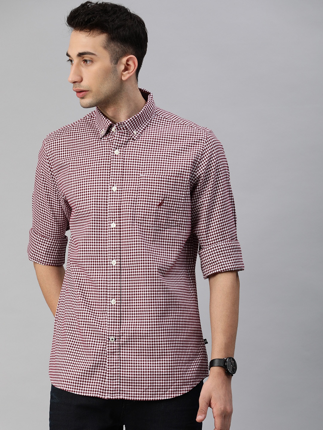 

Nautica Men Maroon & White Classic Fit Stretch Regular Checked Casual Shirt