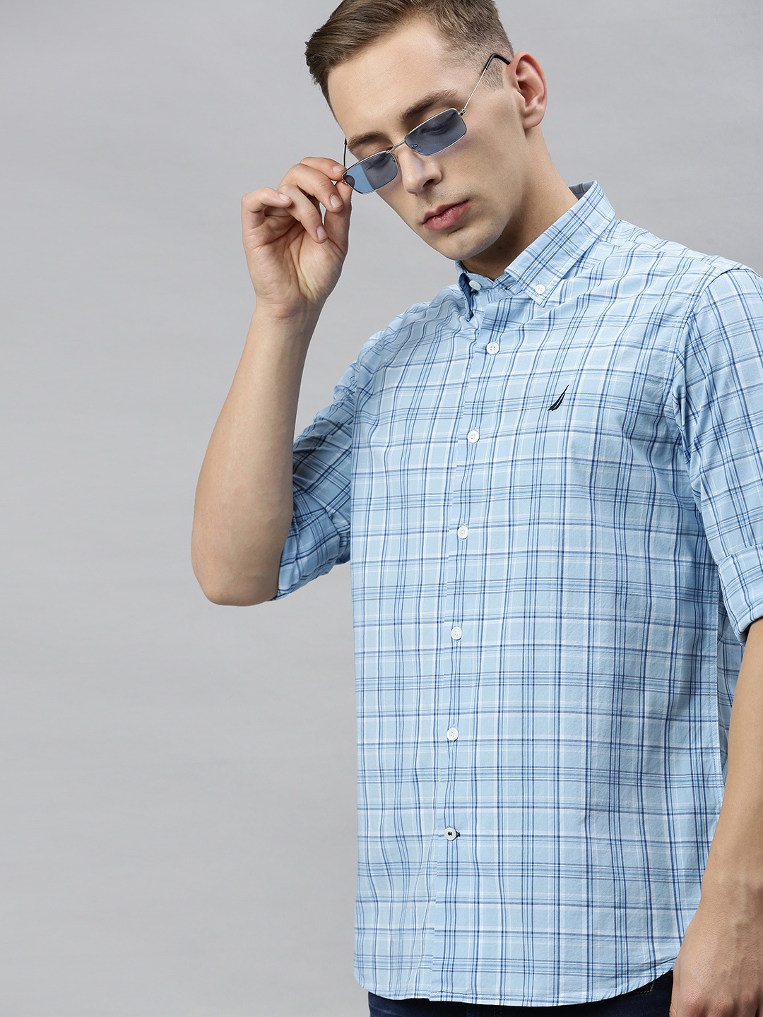 

Nautica Men Blue Classic Fit Checked Stretchable Casual Shirt
