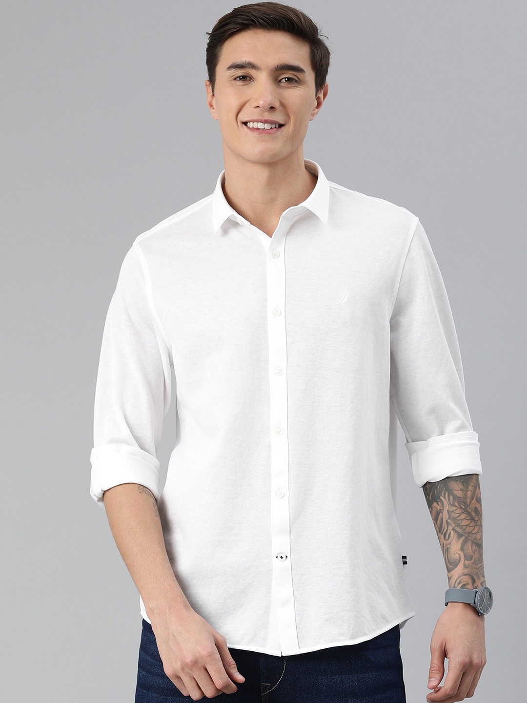 

Nautica Men White Regular Fit Solid Casual Shirt