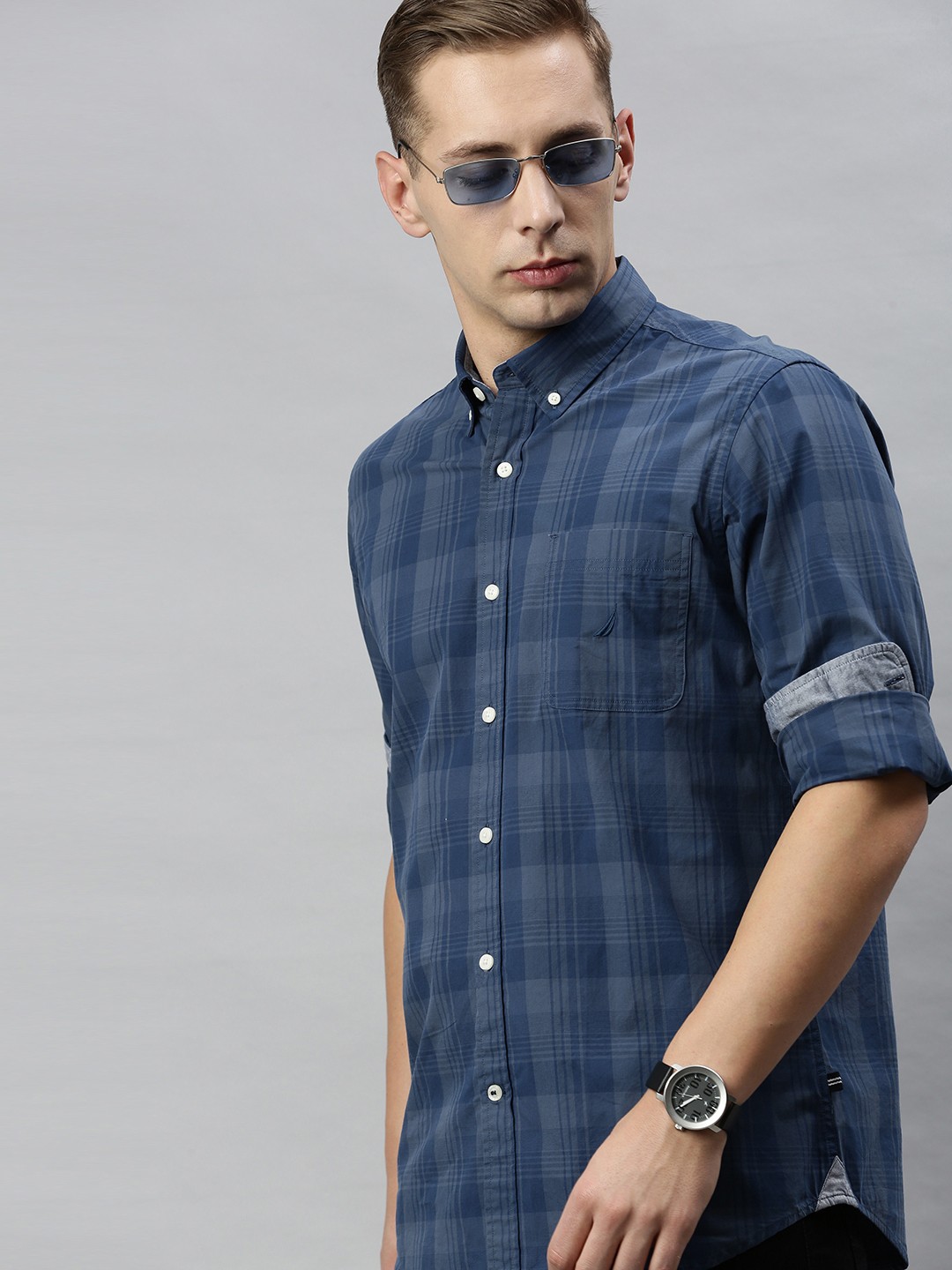 

Nautica Men Blue Classic Regular Fit Checked Casual Shirt