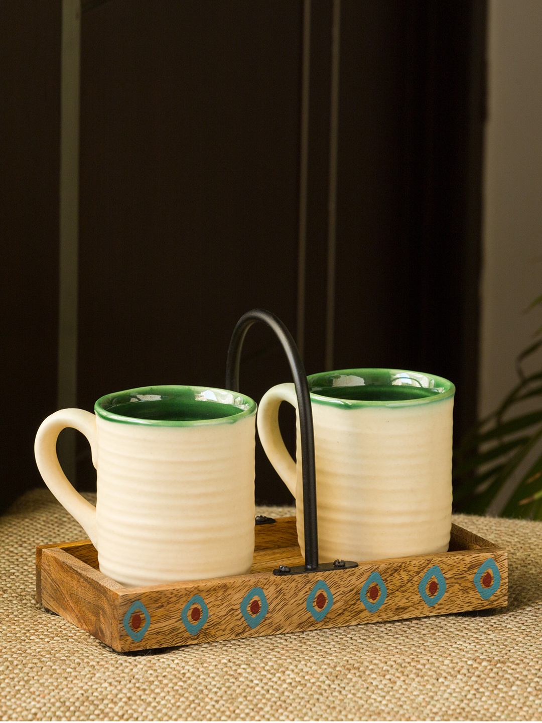 

ExclusiveLane Off White & Green Set Of 2 Ceramic Tea & Coffee Cups with Wooden Tray