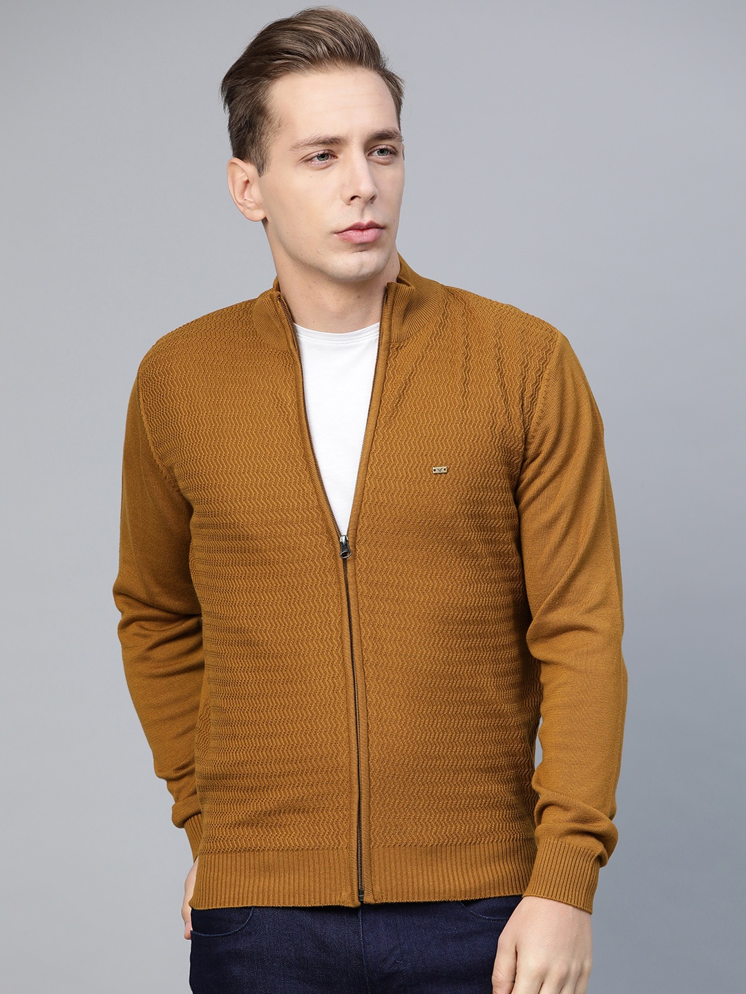 

Blackberrys Men Mustard Brown Self Design Cardigan