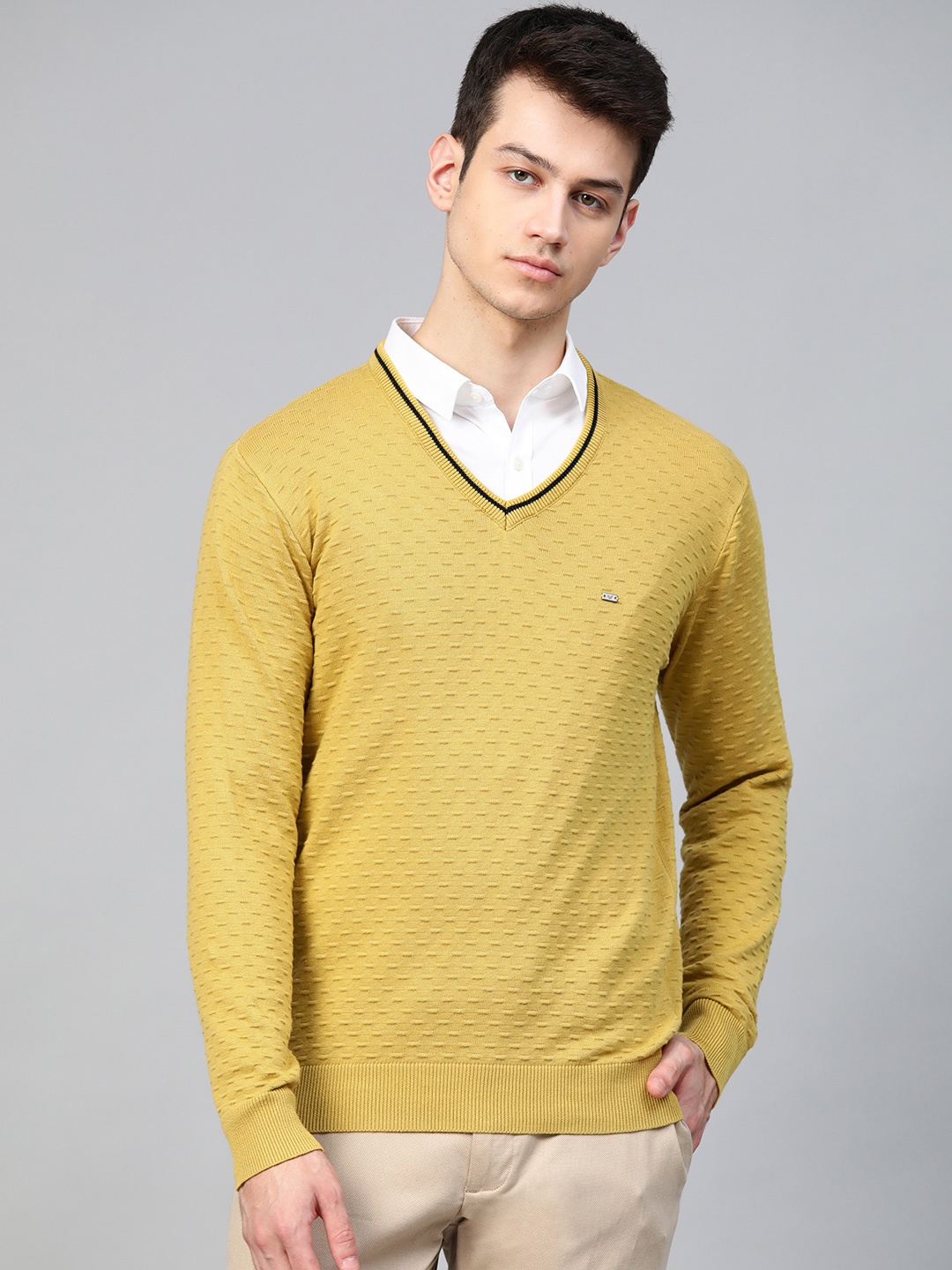 

Blackberrys Men Mustard Yellow Self Design Pullover Sweater