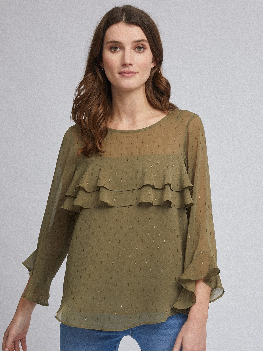 

DOROTHY PERKINS Women Olive Green Self-Design Layered Top
