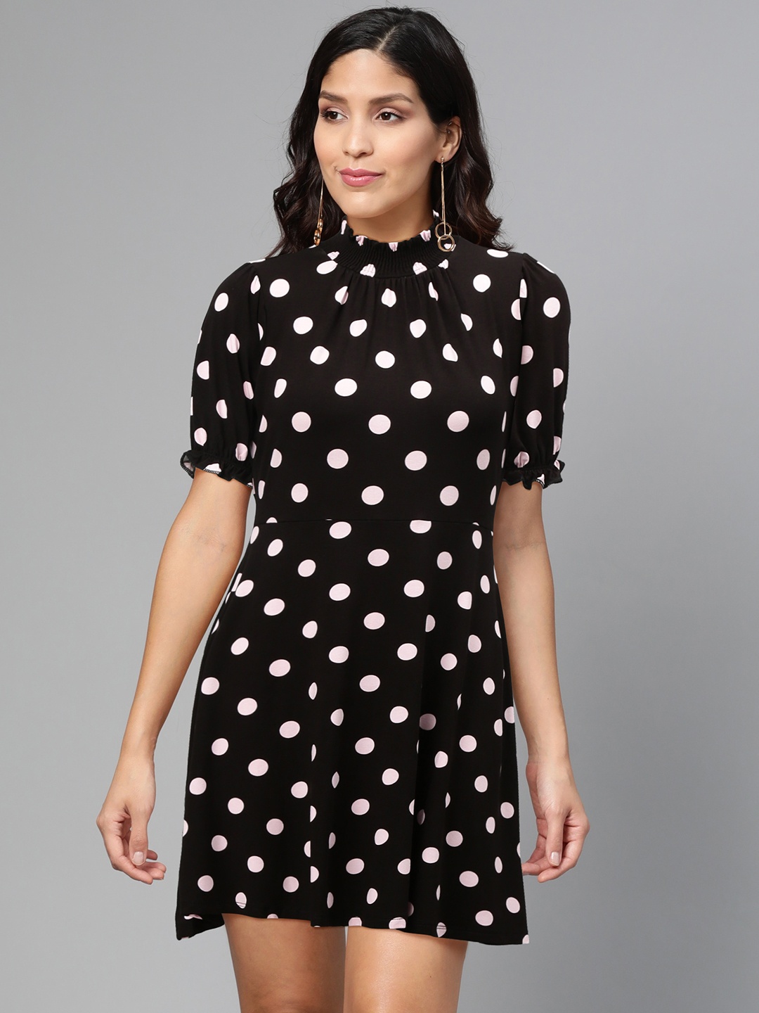 

DOROTHY PERKINS Women Black & Pink Polka Dot Printed A-Line Dress