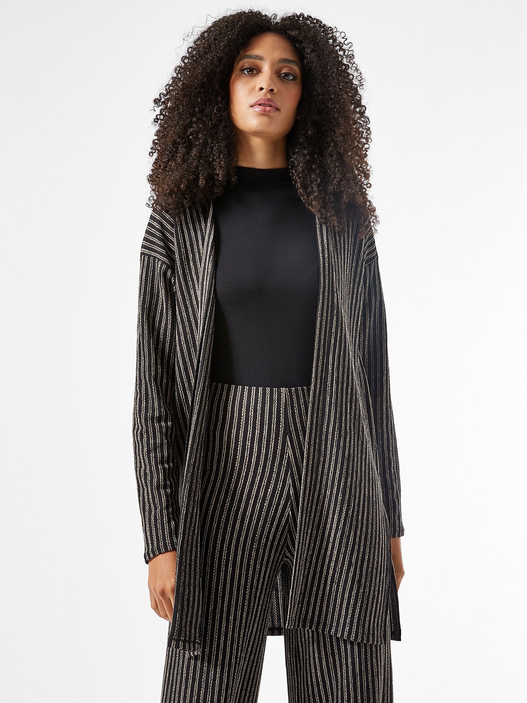 

DOROTHY PERKINS Women Black & Off-White Striped Longline Front-Open Sweater