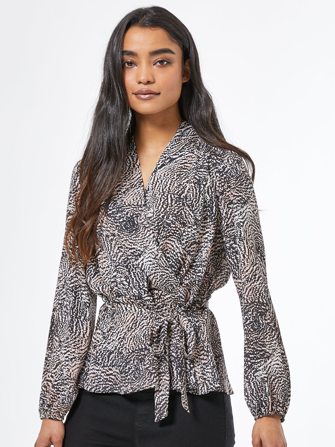 

DOROTHY PERKINS Women Black & Off-White Petite Animal Print Wrap Top