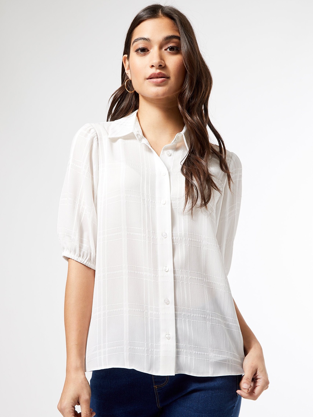 

DOROTHY PERKINS Women White Petite Regular Fit Self-Checked Casual Shirt