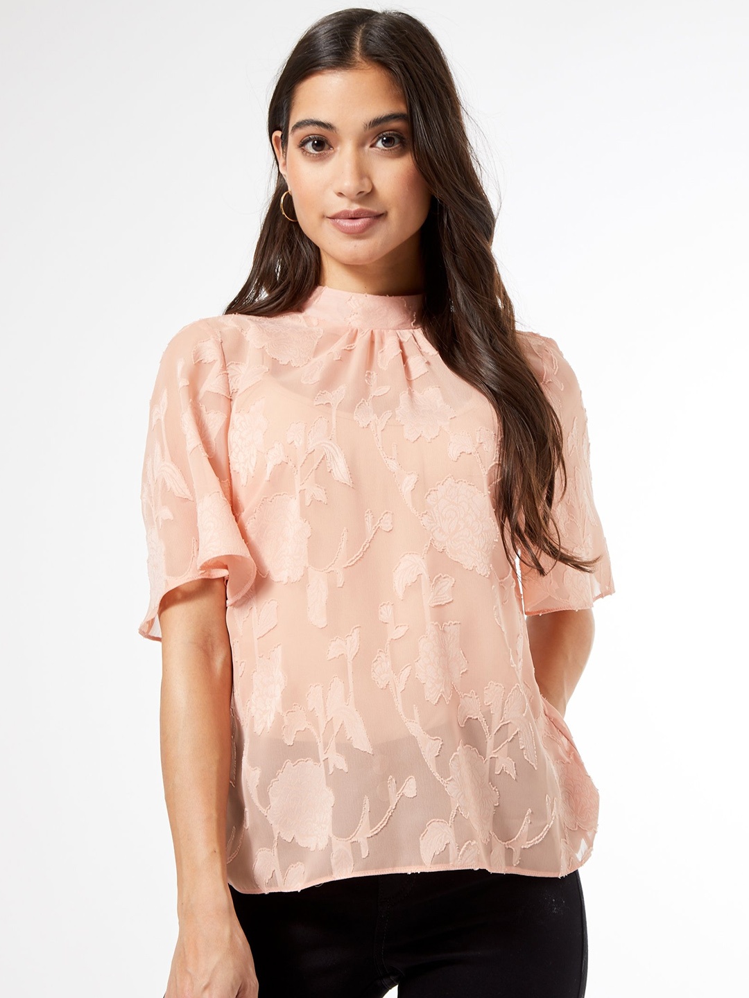 

DOROTHY PERKINS Women Peach-Coloured Petite Self Design Styled Back Top