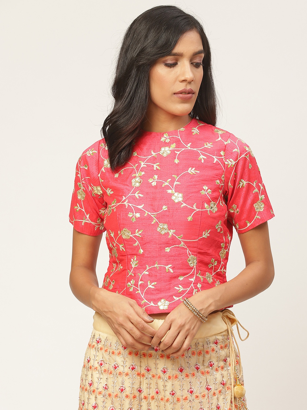 

Shaily Women Pink & Off-White Embroidered Styled Back Longline Saree Blouse