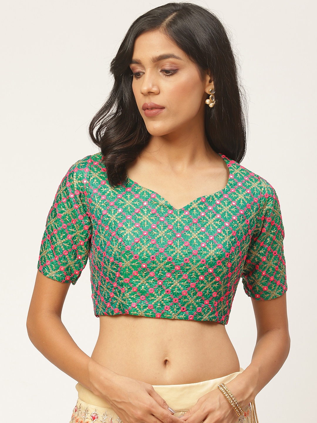 

Shaily Women Green & Pink Embroidered Mirror-Work Saree Blouse