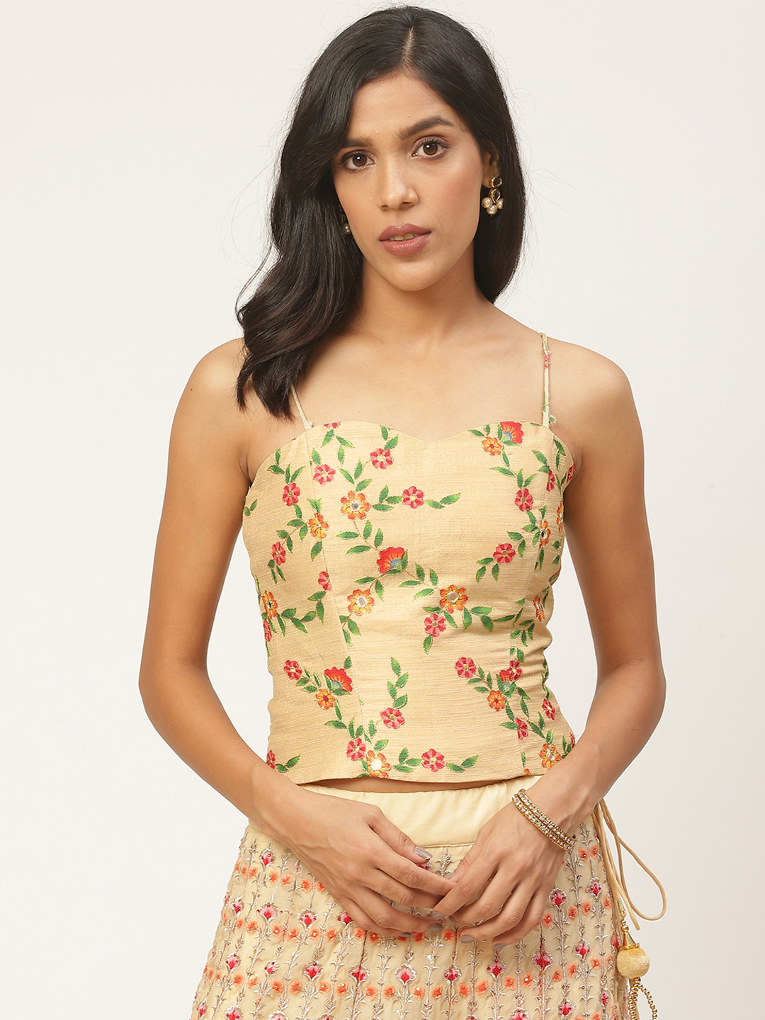 

Shaily Women Beige & Pink Floral Print Styled Back Saree Blouse