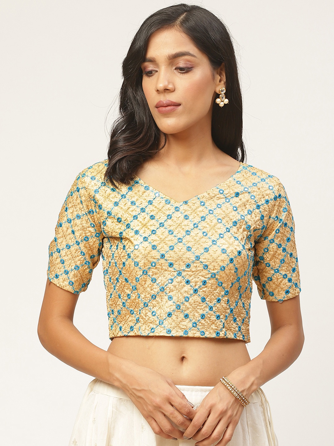 

Shaily Women Beige & Blue Embroidered Mirror-Work Saree Blouse