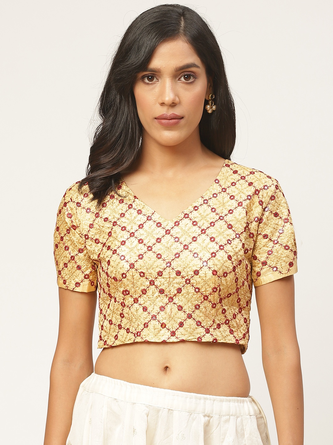 

Shaily Women Beige & Burgundy Embroidered Mirror-Work Saree Blouse