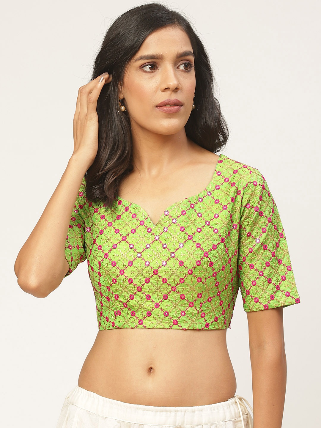 

Shaily Women Green & Pink Embroidered Mirror-Work Saree Blouse