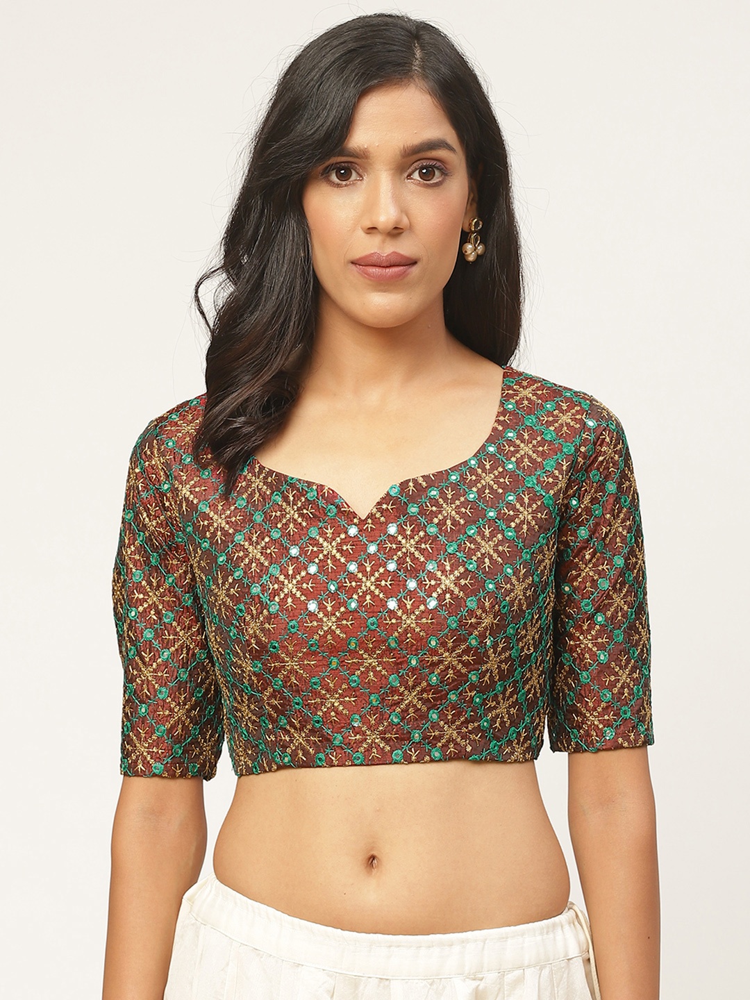 

Shaily Women Brown & Green Embroidered Mirror-Work Saree Blouse