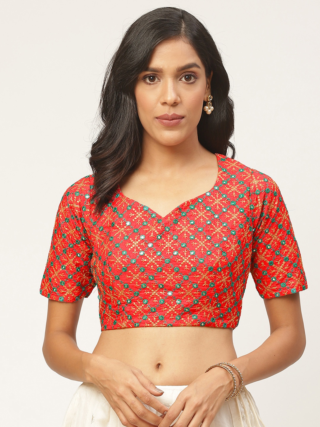 

Shaily Women Red & Green Embroidered Saree Blouse
