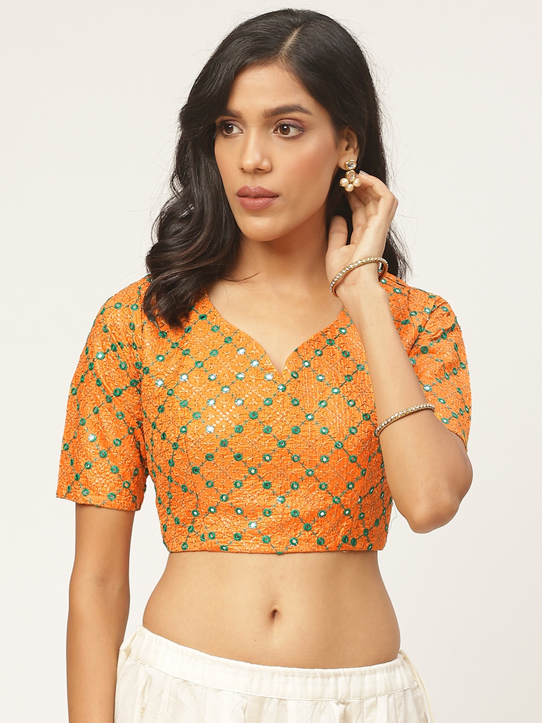 

Shaily Women Orange & Green Embroidered Saree Blouse