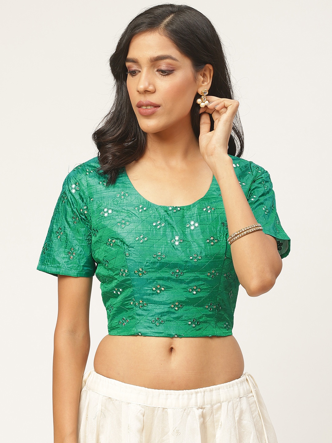 

Shaily Women Green Mirror Work Saree Blouse